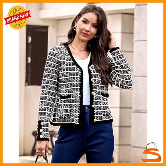 Tweed Cardigan Sweater Blazer V-Neck Button Front Classic Chic Versatile - Picture 2 of 7